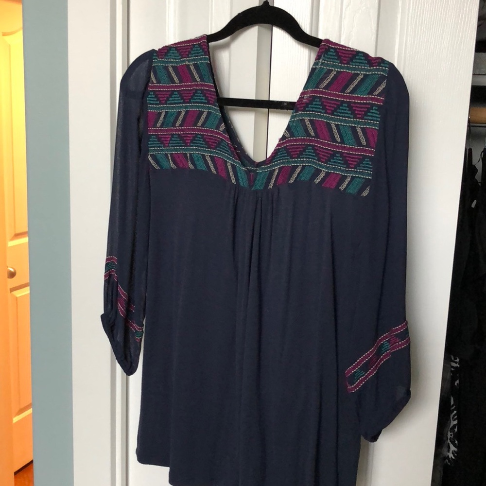 Lucky Brand 1X Navy Blouse with Sheer 3/4 Sleeves